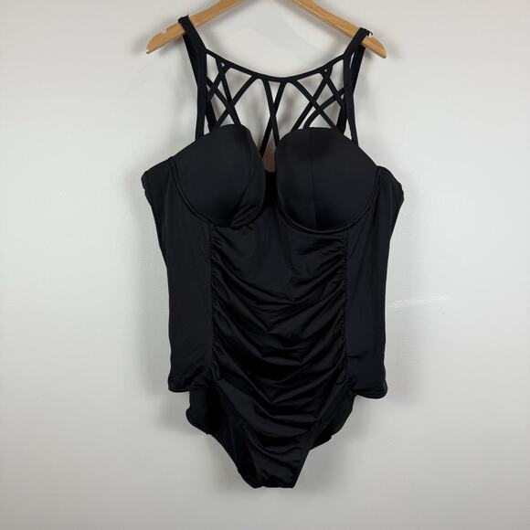 Torrid One Piece Swimsuit Plus 3R Black Caged Strappy Underwire Beach Ruched - Picture 1 of 7